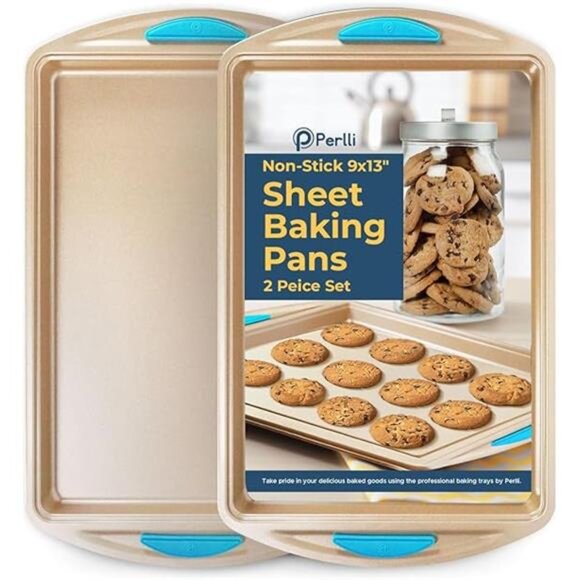 Cookie Sheet Baking Pan 2 Piece Set,9x13" Gold Nonstick Trays with Blue Silicone - Picture 8 of 8